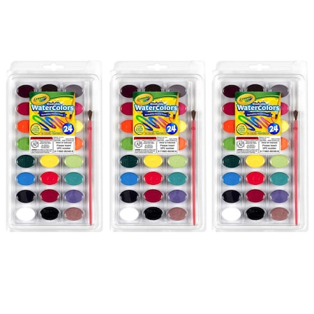 Crayola Washable Watercolor Pans w/Plastic Brush, 24 Colors Per Set, 3PK 530524
